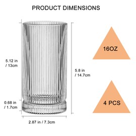 16oz Drinking Glasses Set of 4, Tall Glass Cups Fits Ice Coffee, Cocktail, Jiuces, Ribbed Glassware Elegant Highball Water Glasses for Home, Kitchen, Bar