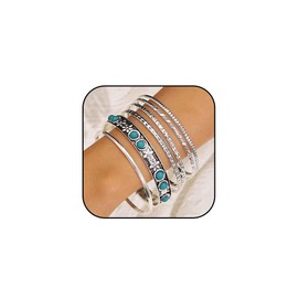 Sakytal Boho Banlge Bracelets Set Layered Vintage Turquoise Bangles Stackable Textured Bracelet for Women(6PCS) (Silver)