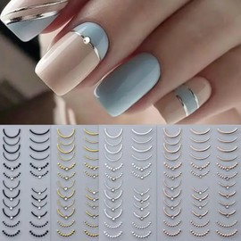4 Sheets French Tip Line Nail Stickers Gold Silver Black Rose Gold French Curved Nail Decals Luxury Rhinestone Design Nail Art Stickers3D Self-Adhesive Nail Supplies for Women DIY Nail Art Decoration
