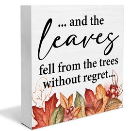 Autumn Sign Fall Leaves Wooden Sign Fall Farmhouse Home Decor for Desk Table Shelf Wall Tabletop, 5 x 5 Inches