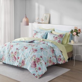 Comfort Spaces Bed in A Bag - Trendy Casual Design Cozy Comforter with Complete Sheet Set with Side Pocket, All Season Cover, Matching Shams, King, Natalie, Floral Blue 9 Piece