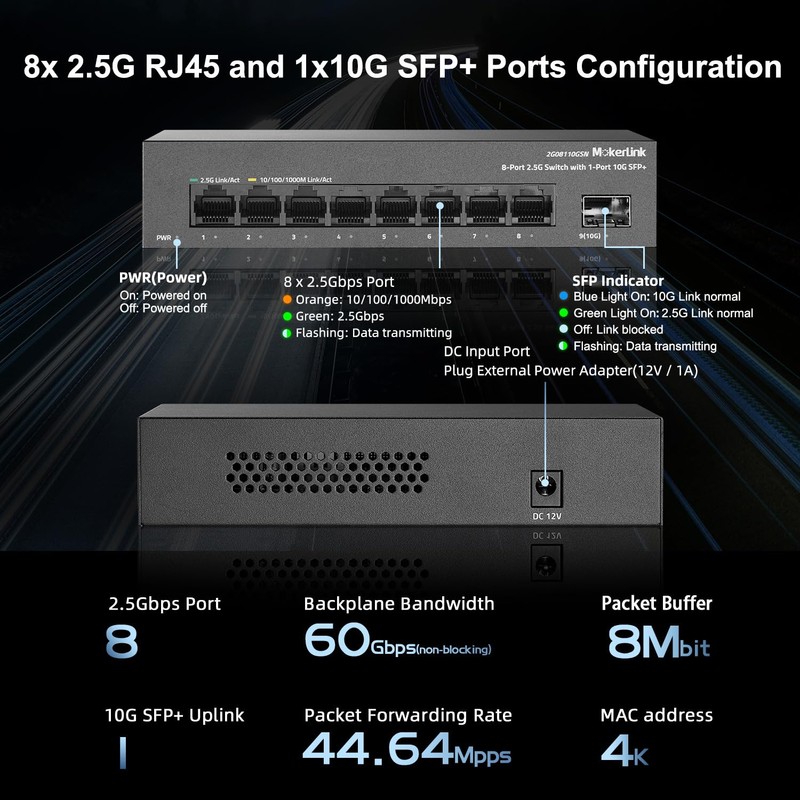 MokerLink 8 Port 2.5G Ethernet Switch with 2x10G SFP+ Slot,