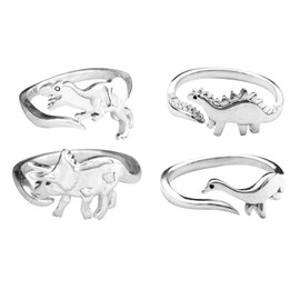 4 Pcs Dinosaur Rings for Girls Cute Silver Tyrannosaurus, Triceratops, Stegosaurus Rings Stackable Rings for Women (4pcs)
