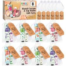 AZEN 8 juegos de regalos a granel, crema de manos y bálsamo labial a granel con bolsa de organza, tarjeta de agradecimiento, regalos de baby shower y 