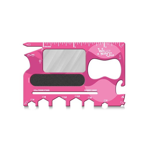 Wallet Ninja 2.0 (Advanced 20-in-1 Multitool, Now With Mirror + Nail File) (Pink)