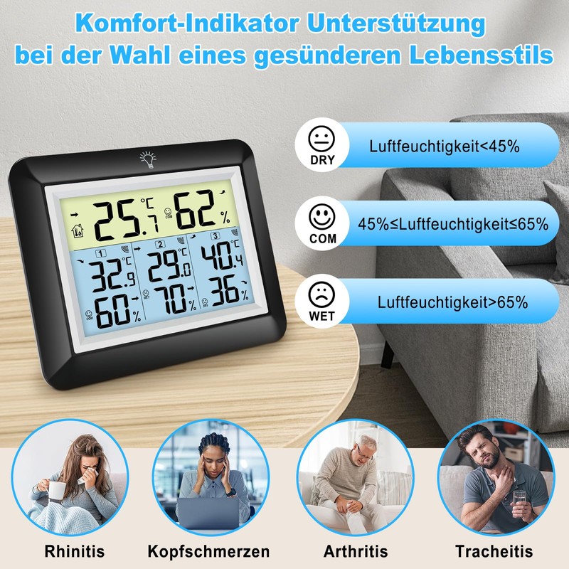 Urageuxy Wireless Thermometer with 3 Outdoor Sensors, Digital Thermometer Indoor