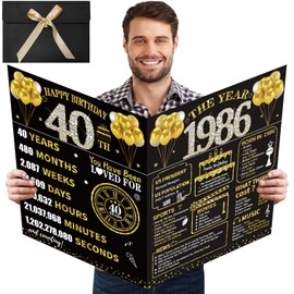 Kuxriox Large 40th Birthday Card With Envelope, Black Gold Happy 40th Birthday Giant Guest Book Gifts for Men Women, Giant Forty Bday Card Gifts Party Supplies, The Year 1986 Jumbo 40 Bday Card