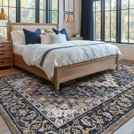 Lessymo Area Rugs 5x7, Machine Washable Area Rug, Super Soft Faux-Wool Area Rugs for Living Room Bedroom Kitchen, Boho Vintage Floral, Non-Slip Low Pile, Kid & Pet Friendly, Black Brown