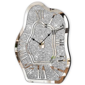 FEUFOAM Modern Wall Clock for Living Room Decor Silver Crystal Crush Diamond Mirrored Clocks Irregular Mirror Clock Unique Wall Decorative for Bedroom Kitchen Dining Room