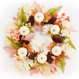 Rocinha Fall Wreaths Decorations Autumn Wreath Maples Leaf Pumpkin Pine Cone Berry Thanksgiving Harvest Outdoor Indoor Window Wall Front Door Outside Home (White Pumpkin & Maple Leaves Wreath)