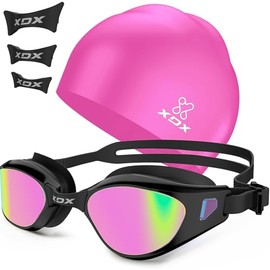 XDX Swim Goggles with Swim Cap Anti-Fog Pool Goggles with Detachable Lenses Swimming Goggles Cap Set for Youth Men Women, Pink Cap