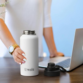 Livole Stainless Steel Water Bottle for Women, Men, 32oz 950ml Insulated Water Bottles for Sports, Gym, Travel, Climbing, Vacuum Metal Water Bottle with Straw and 2 Lids, Bottle Carrier, White