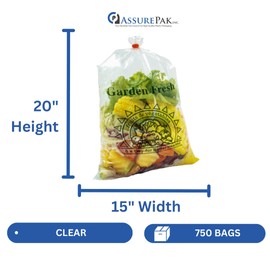 ASSUREPAK Narrow Profile Produce Roll Bags with Extended plastic core Garden Fresh - 15"X20" - 750 Bags - 1 Rolls - 8 microns - Clear