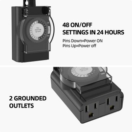 Outdoor Timer Outlet Waterproof, 24 Hour Mechanical Light Timer Outdoor, 2 Grounded Outlets for Home and Garden, 15A 1/2HP, Heavy Duty, ETL Listed (1 Pack)