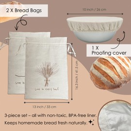 ‌2 Pack Reusable Linen Bread Bags for Homemade Sourdough - Eco-Friendly Bread Storage with Proofing Bowl Cover | Baking Accessories & Sustainable Kitchen Essentials