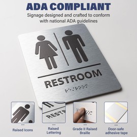 All Gender Restroom Sign Bathroom Door Signs for Business - ADA Restroom Sign With Braille, Brushed Stainless Steel Wheelchair Accessible Apply to Office, Home or Public Bathroom Door Sign