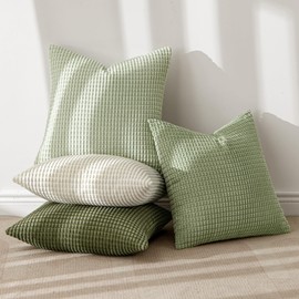 MIULEE Modern Farmhouse Decorative Lumbar Pillow Covers 18x18 Inch Set of 4 Natural Rustic Throw Pillows Neutral Warm Soft Corduroy Couch Pillowcases Home Decor for Sofa Living Room Bed Light Green