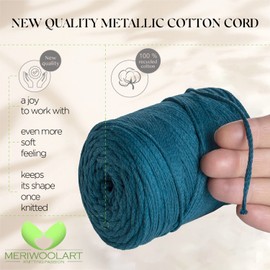 MeriWoolArt® Macrame Yarn Ocean 2 mm x 250 m Cotton Cord, Recycled Soft Cotton Yarn for Knitting Plant Hangers, Jewellery Making, Crochet Bags