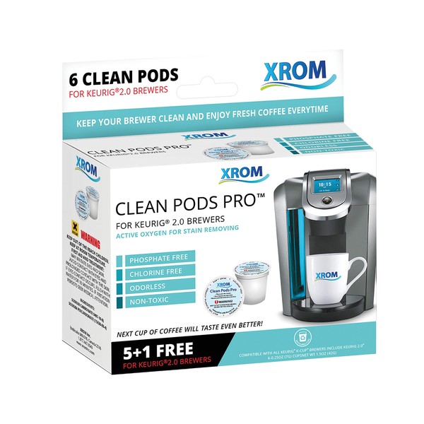 XROM Professional Cleaning Pods Compatible with All Keurig K-Cup 2.0 Brewers, Coffee Stain Removing, All Natural Ingredients, Biodegradable, Non-Toxic, 6 Cup per Pack.
