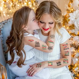 Merry Christmas Inspirational Temporary Tattoos - 16 Sheets 224 Pcs Christmas Inspired Words Bless Saying Holiday Letter Greeting Themed Stickers for Women Adults Xmas Party Decorations Favors