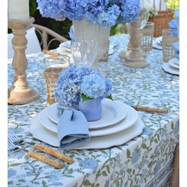 ATOSII Mahoka Blue 100% Cotton Round Tablecloth, Block Print Floral Table Cloth for Dining, Parties, Weddings, Outdoors, Holidays I 60" Inches I Grandmillennial Farmhouse Boho Spring Summer
