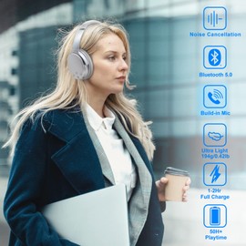 Srhythm NC35 Noise Cancelling Wireless Headphones Bluetooth 5.0, Foldable Over Ear Headset with Build-in Mic,50+ Hrs Playtime,Multi-Point Bluetooth Connection Voice Call