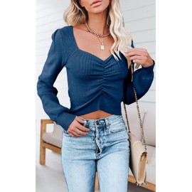 PRETTYGARDEN Fall Long Sleeve Cropped Sweaters for Women 2024 Off The Shoulder V Neck Ruched Ribbed Knit Going Out Tops (Dark Sea Blue, X-Large)