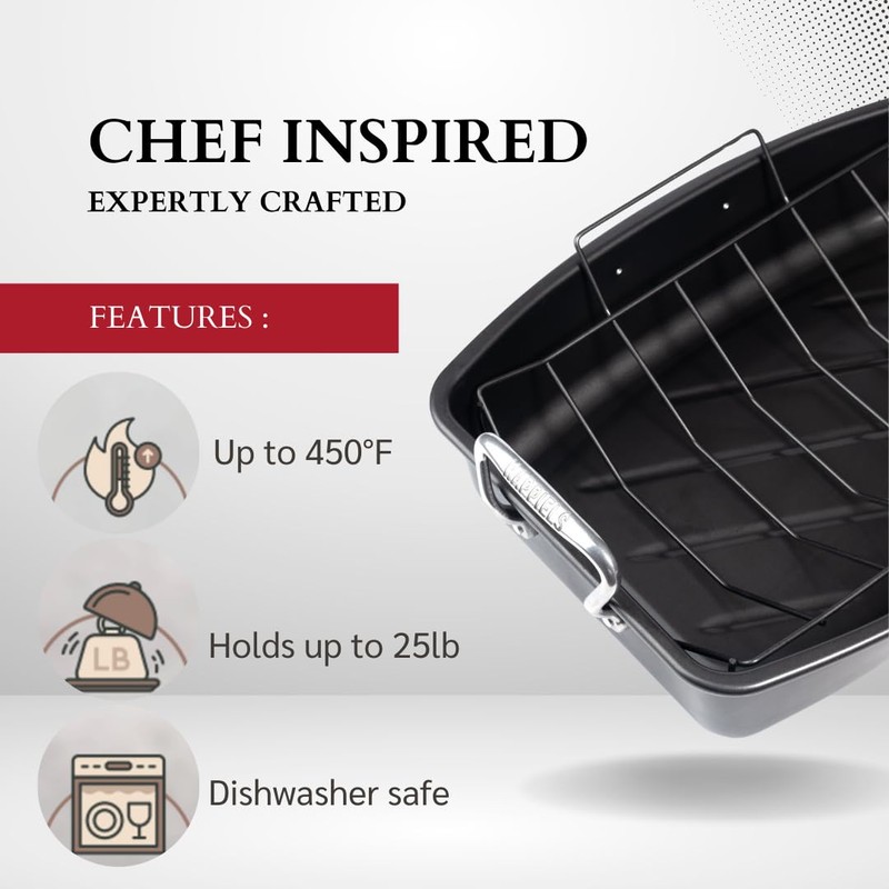 HAPPIELS 17 x 13 inch Roasting Pan with Rack, 20-25