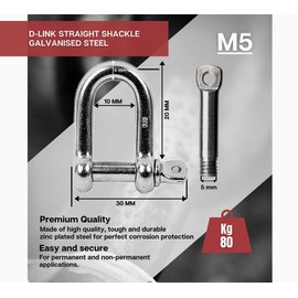Doja Industrial Shackle, Galvanised Steel, M5, Pack of 5, High Strength Hanging of Punch Bags, Steel Ropes, Shackle, Chain Shackle, Large Connector, Steel Chain Schege