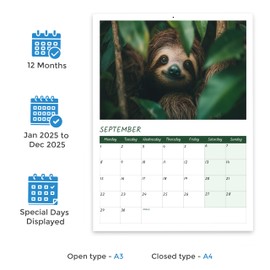 A4 Sloth Calendar 2025 12 Month Wall Calendar 2025 UK Family Calendar 2025 Month to View Papa Prints