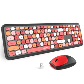 MOFII Wireless Keyboard and Mouse Combo, Full Size 2.4G Plug and Play Typewriter Retro Round Computer Keyboard and Mouse Set for Windows, Computer, Desktop, PC, Notebook - (Pink Colorful)