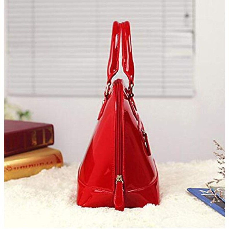 Patent Leather Dome Satchel Purse Zip-around Handbag Multi-Pocket Shoulder Bag