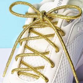 Olukssck 2 Pairs of Glitter Shoelaces Round, Shiny Coloured Round Shoe Laces for Trainers, Sports Shoes and Boots, Light Gold, 120 cm