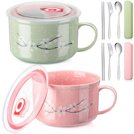 2 Pcs 30 oz Ceramic Soup Bowl with Lid and Handle Snow Flake Blossoms Cherry Pattern Microwave Soup Mug Instant Noodles Cup,2 Sets Stainless Utensils Fork Spoon Chopsticks with Case(Pink, Green)
