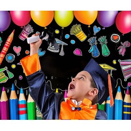 10x8ft Graduation Backdrop Fabric Cute Cartoon Balloons Graduation Photography Background for Kindergarten Preschool Party Decorations Large Banner Studio Photo Booth Props