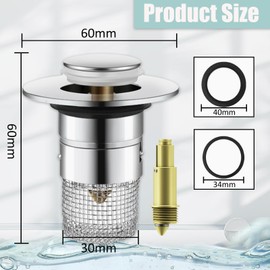 Zamety 2 x 2-in-1 Sink Plug Pop-Up, Hair Strainer Shower Anti-Clogging Drain Strainer Shower Steel Sink Strainer with Copper Core, with 2 Seals Each for 34 ~ 40 mm Drain Holes