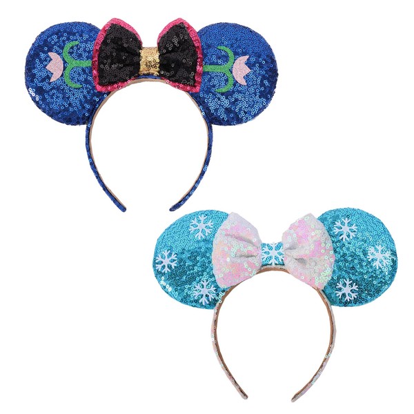 Diademas de lazo con orejas de mouse, 2 piezas de orejas de mouse congeladas para cosplay, disfraz de princesa Elsa y Anna, diademas para mujeres y niñas (azul y blanco nieve y flor púrpura azul)