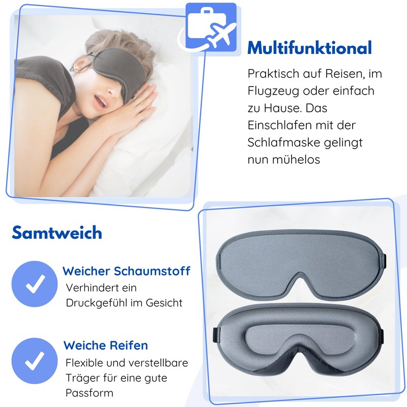 Hilvard Schlafmaske, Augenmask, inklusive Schlaf-Ohrstöpsel, 100% Verdunkelung, Verstellbar, Ergonomisch, Schwarz