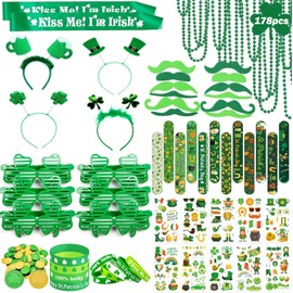 LSCQYYCC- St. Patrick's Day party gift set, including shamrock glasses, soft rubber bracelets, beaded chains, mustaches, hair bands, and Irish-themed party supplies with themed stickers