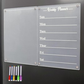Magnetic Weekly Planner Acrylic Plate 2 Pieces, Wipe Clean Calendar Menu Planner 21 x 30 cm, Timetable Weekly Meal Planner, Whiteboard with Dry Wipe Markers, Adsorption on Refrigerators