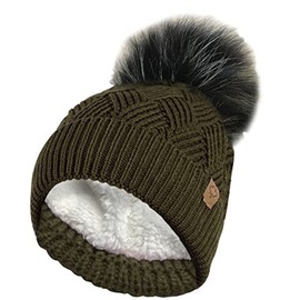 RockJock Ladies Warm Chunky Diamond Cable Knit Hat with Thermal Teddy Fleece Lining and Detachable Faux Fur Pompom-Olive