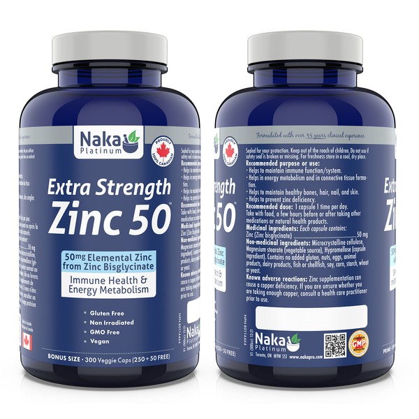 Naka Platinum Extra Strength ZINC Bisglycinate 50 mg for Immune Health and Energy Metabolism Bonus Size 300 veggie capsules (250+50 Free)