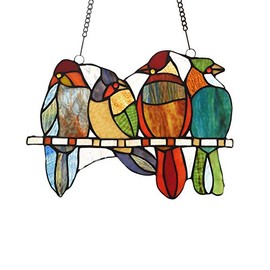 Chloe Lighting Cardinal Family Tiffany-Style Animal Design 13" x 9" Stained Glass Window Panel, Multi-Colored