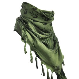 LOLAT Cotton Shemagh Scarf Military Tactical Desert Keffiyeh HeadScarf Arab Wrap Outdoors Tassel Scarves for Men and Women (ArmyGreen Skull)