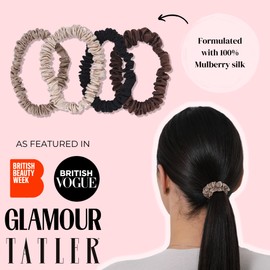 SILKIE Set of 4 100% Pure Mulberry Silk Champagne Thin Hair Ties with Travel Pouch Hair Bobbles for Everyday Hair Care Ponytail Holder No Hair Damage (Champagne)