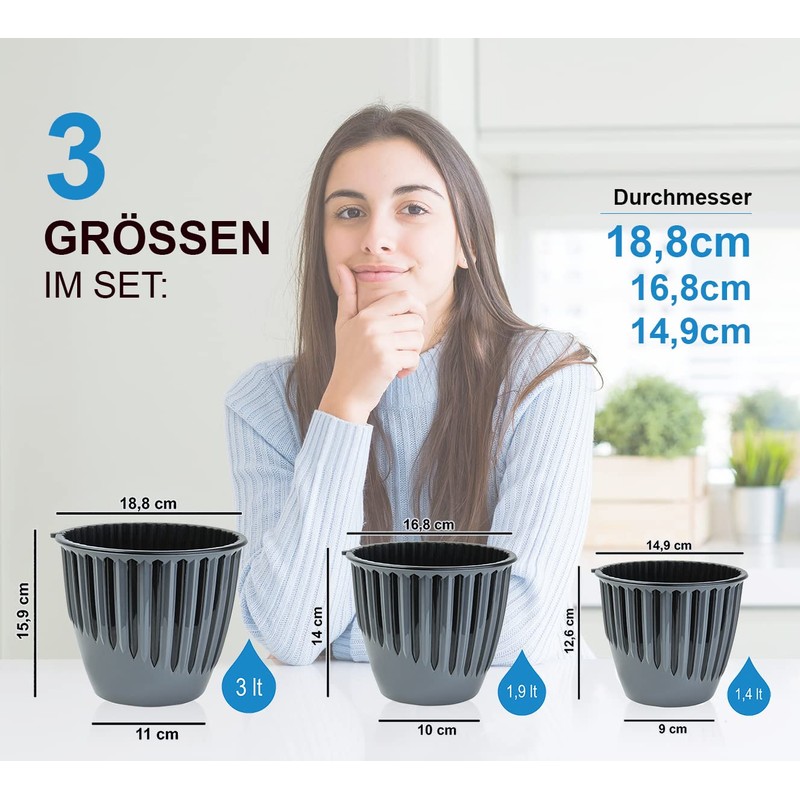 minify Blumentopf-Set mit 3 Größen ⌀149/165/188mm Design-Pflanztöpfe für Innen- und