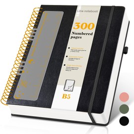 B5 Spiral Notebook Journal 7.6” x 10”, 300 Numbered Pages Hardcover Leather Journals for Women Men, Large Lined College Ruled Notebooks, 100GSM Thick Paper, Spiral Bound Journal for Work School, Black