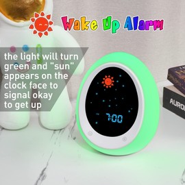Kids Alarm Clock, Toddler Sleep Training Clock with Sun & Moon, Sound Machine, Night Light, Time to Wake Alarm Clock for Children