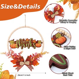 HPNIUB Thanksgiving Door Sign for Home Decor, Autumn Give Thanks Front Door Plaque for Outdoor Porch(11.4x11.4inch), Farmhouse Autumn Pumkins Maple Leaf Fall Wooden Wreath Wall Hanging Decoration