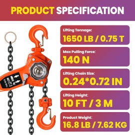 1650 Lbs Capacity 3/4 Ton 10 Feet Lever Chain Hoist with 2 Heavy Duty Hooks, Chain Come Along for Warehouse Building Automotive Machinery (1650 Lb 10Ft)